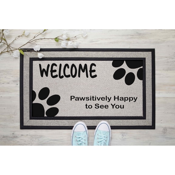 Grey Doormat Welcome, Pawsitively Happy To See You Doormat Cute Pet Ca (24" x 36") #5612