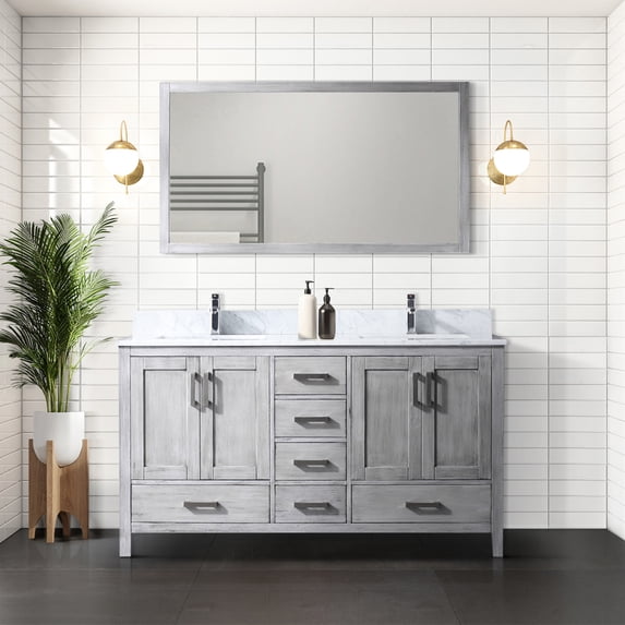 Grey Double Bath Vanity 60" W X 22" D. Marble Surface. Solid Wood Construction. Soft Close. 2 Inner Cabinets, 6 Drawers & Open Shelf. Scratch Stain Countertop. Pre-drilled For Faucet D In Distressed