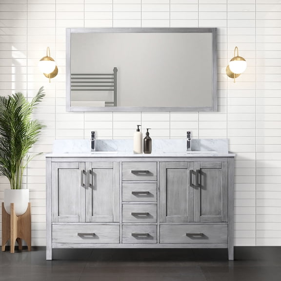 Grey Double Bath Vanity 60in W X 22in D. Marble Top. Solid Wood Build. Soft Close. 2 Inner Cabinets, 6 Drawers & Open Shelf. Scratch Stain Countertop. Pre-drilled For Faucet 60 In. 22 Top Frame.