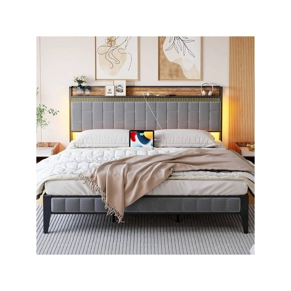 Grey Double Bed with Charging Station, LED Bed Frame with Storage Headboard, Upholstered Platform Bed Frame, No Box Spring Needed, Easy Assembly