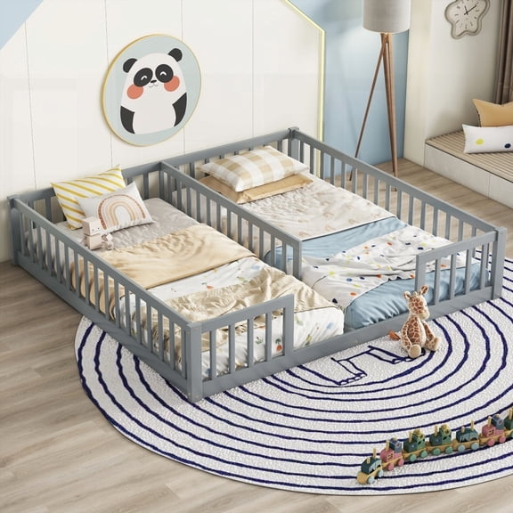 The Double Twin Floor Bed with Fence & Guardrails in Grey, No Door, Sturdy Construction