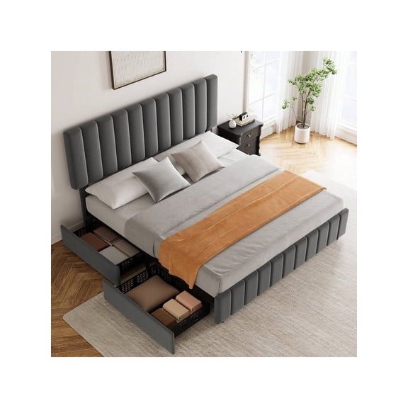 Grey Double bed Full/Queen/King Linen Upholstered Platform Bed Frame With 4 Storage Drawers, Adjustable Headboard, Wooden Slats Support, No Box Spring Needed, Grey