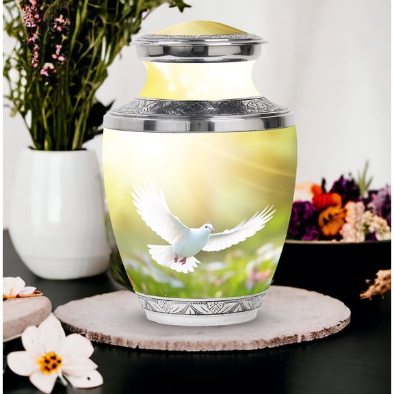 Grey Dove Bird Handmade Cremation Mini Urns For Human Ashes Adult Male - Large Funeral Urn For Ashes Adult Mother - Burial Gifts For Decorative Combo 10Inch 200Lbs And 3Inch 4 Keepsake