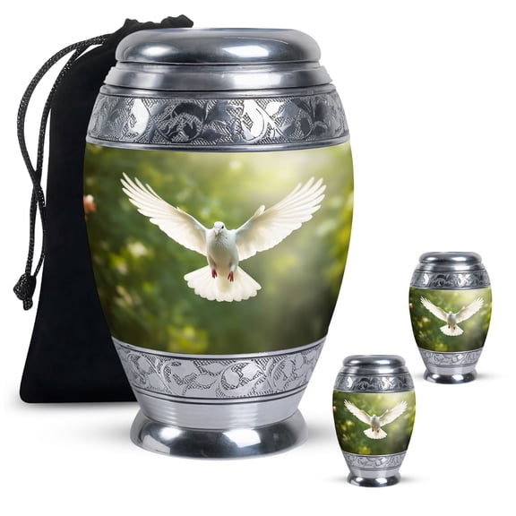 Grey Dove Bird Large Memorial Urns For Human Ashes Adult Male - Cremation Small Urn For Ashes Adult Mother And Father - Decorative Gifts For Cremains Combo 10Inch 200Lbs And 3Inch 2 Keepsake