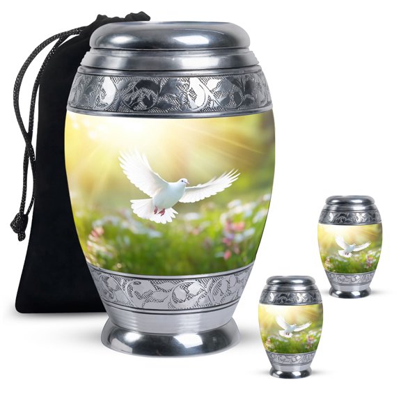 Grey Dove Bird Memorial Large Urns For Human Ashes Adult Dad - Mini Funeral Urn For Ashes Adult Mom - Handcrafted Cremation Gifts For Decorative Combo 10Inch 200Lbs And 3Inch 2 Keepsake