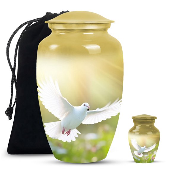Grey Dove Bird Mini Funeral Urns For Human Ashes Adult Dad - Burial Urn For Ashes Adult Mom - Large Handcrafted Decorative Gifts For Unique Combo 10Inch 200Lbs And 3Inch Keepsake
