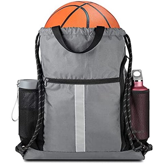 Grey Drawstring Bag Pack Gym Sackpack w Shoe Compartment Two Water Bottle Holder Portable String Sinch Sack for Gymnastic Athletic Beach Travel