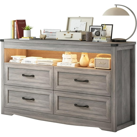 Grey Dresser for Bedroom, Wood 4 Drawer Dresser with LED Light, Dressers & Chests of Drawers with Metal Handles, Storage and Organization for Bedroom, Hallway, Entryway, Gray