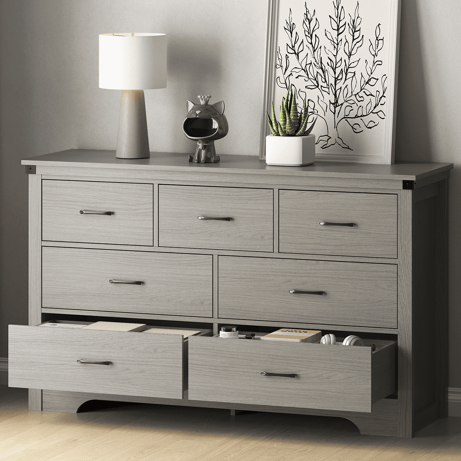 Farmhouse 7 Drawer Dresser for Bedroom, 51" Wide Chest of Drawers, Wooden Dresser TV Stand, Storage Dressers Organizer for Bedroom, Living Room, Hallway, Gray