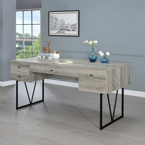 Grey Driftwood 4-Drawer Writing Desk - 63"W Rustic Industrial Desk with Metal Frame, 28.75"D X 30.5"H