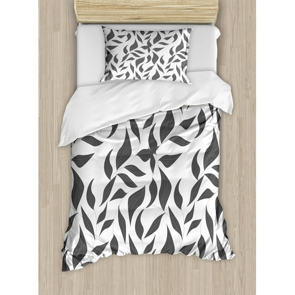 Grey Duvet Cover Set, Abstract Leaves on Vines Pattern Modern Nature with the Organic Line Forms Print, Decorative 2 Piece Bedding Set with 1 Pillow Shams, Twin Size, Grey and White, by Ambesonne