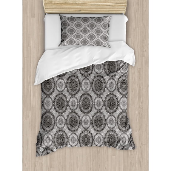 Grey Duvet Cover Set, Antique Pattern with Ornamental Flowers Traditional Damask Pattern, Decorative 2 Piece Bedding Set with 1 Pillow Shams, Twin Size, Grey Black White, by Ambesonne