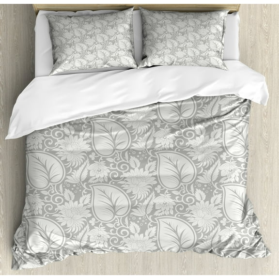 Grey Duvet Cover Set, Big Leaves on Old Fashion Floral Background Feminine Dramatic Style Retro Graphic Print, Decorative 3 Piece Bedding Set with 2 Pillow Shams, King Size, Grey, by Ambesonne