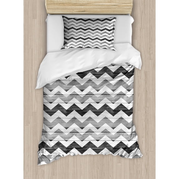 Grey Duvet Cover Set, Chevron Striped ZigZag Pattern on Rustic Wooden Planks Design Monochrome Print, Decorative 2 Piece Bedding Set with 1 Pillow Shams, Twin Size, Grey White, by Ambesonne