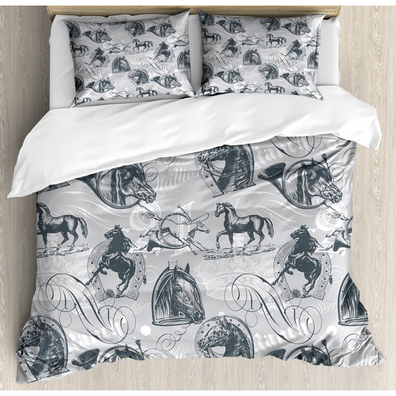Grey Duvet Cover Set, Different Kind of Nostalgic Gentle Horses on Calligraphic Vintage Styled Background, Decorative 3 Piece Bedding Set with 2 Pillow Shams, King Size, Grey White, by Ambesonne