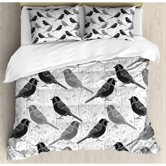 Grey Duvet Cover Set, Floral Flower Buds Leaves Pattern English Country Style Victorian Lace Image Print, Decorative 3 Piece Bedding Set with 2 Pillow Shams, Queen Size, Grey White, by Ambesonne