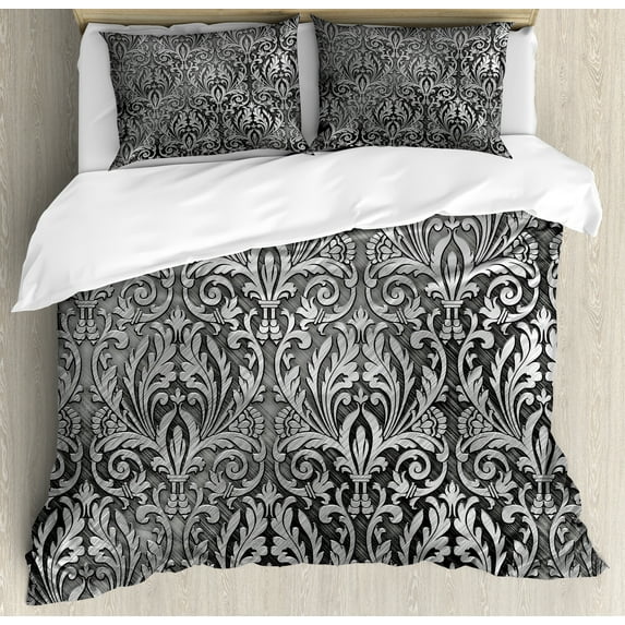 Grey Duvet Cover Set, Graphic with Classic Floral Ornaments Medieval Empire Royal Engraving Style Print, Decorative 3 Piece Bedding Set with 2 Pillow Shams, King Size, Grey Black, by Ambesonne