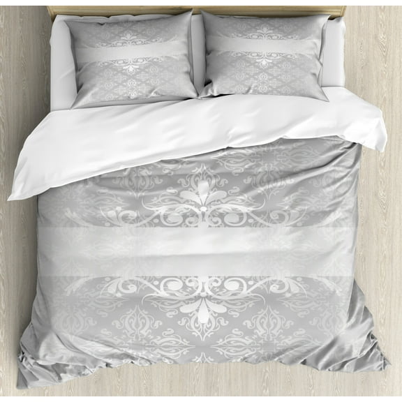 Grey Duvet Cover Set King Size, Classical Floral Motifs Renaissance Tile Pattern Antique Scroll Detail Old Fashioned, Decorative 3 Piece Bedding Set with 2 Pillow Shams, Grey Silver, by Ambesonne