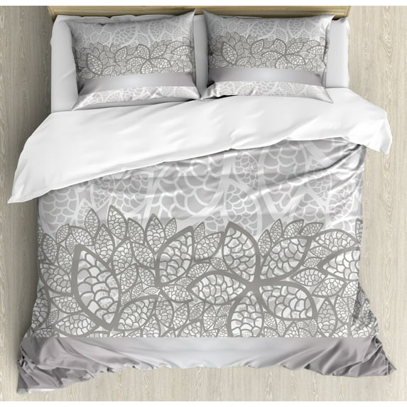 Grey Duvet Cover Set King Size, Lace Inspired Flower Motifs Bridal Composition Stylized Leaves Wedding Theme, Decorative 3 Piece Bedding Set with 2 Pillow Shams, Gray Pale Grey White, by Ambesonne