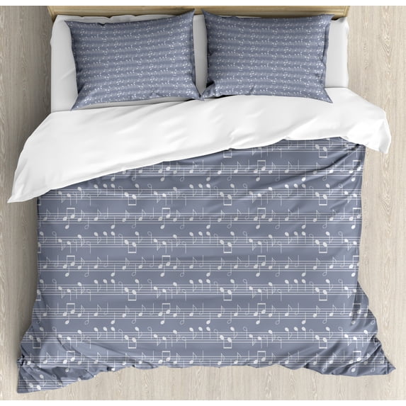 Grey Duvet Cover Set King Size, Piano Music Clay Motif with Various Notes Symbols Beats Melody Rhythm Harmony Jazz, Decorative 3 Piece Bedding Set with 2 Pillow Shams, Ash White, by Ambesonne