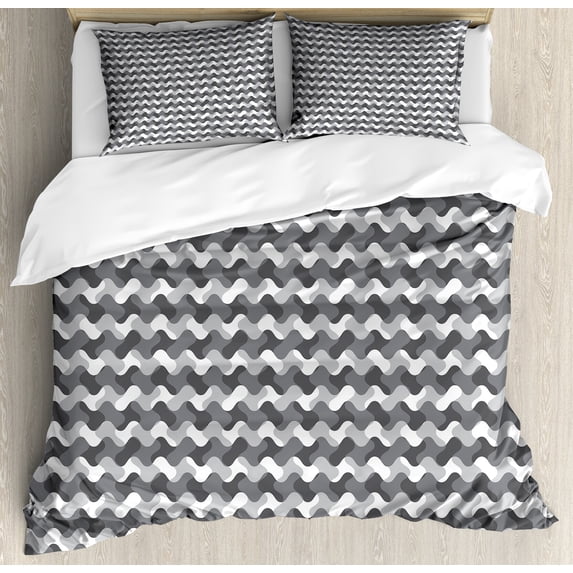 Grey Duvet Cover Set, Minimalist Gradient Wavy Flat Lines Various Color Influences Retro Print, Decorative 3 Piece Bedding Set with 2 Pillow Shams, Queen Size, Charcoal Grey, by Ambesonne