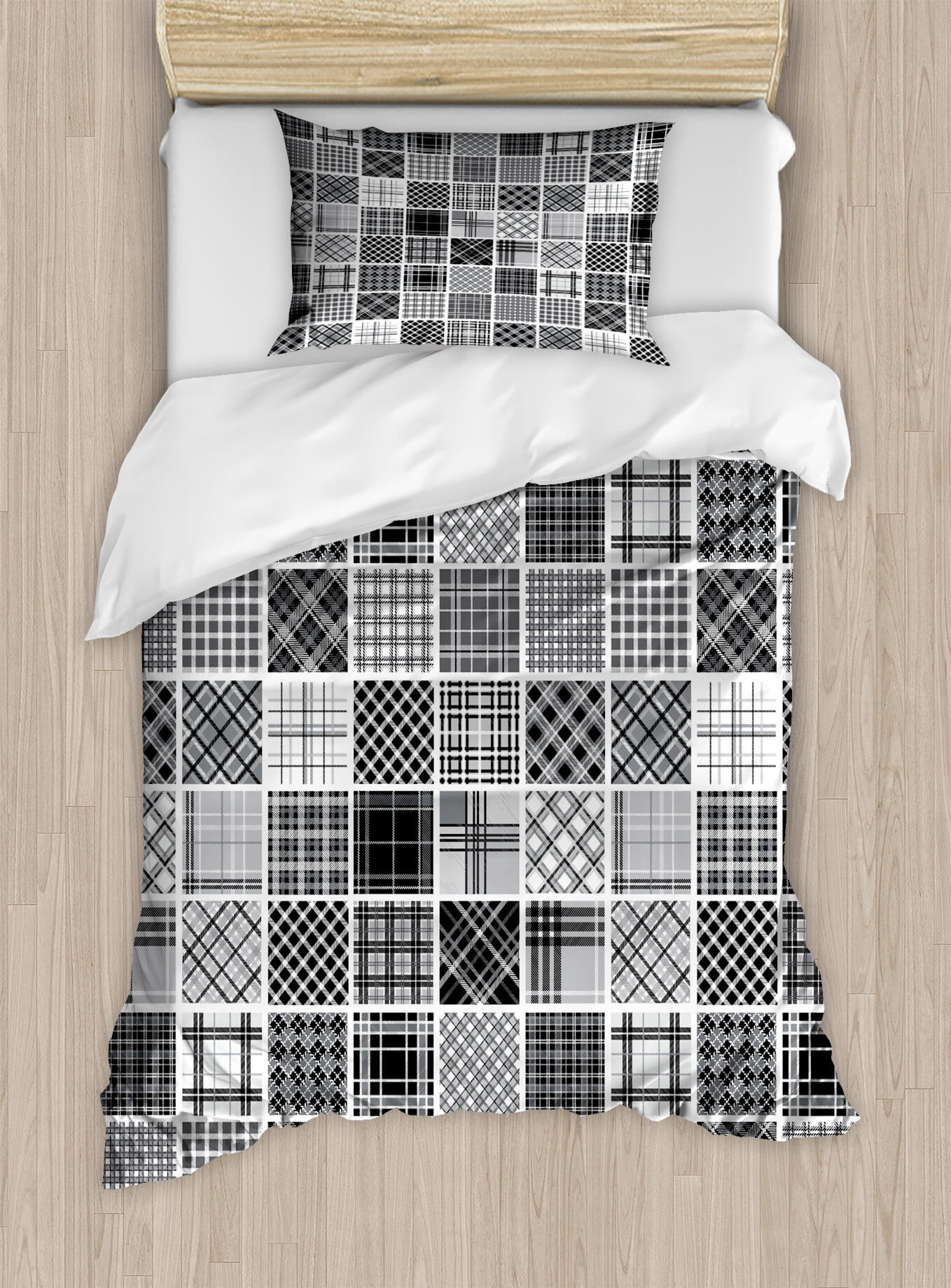 Checked Pattern Comforter Grey Duvet Cover Set, Mixed Checkered Squared Scotch Plaid Striped ...