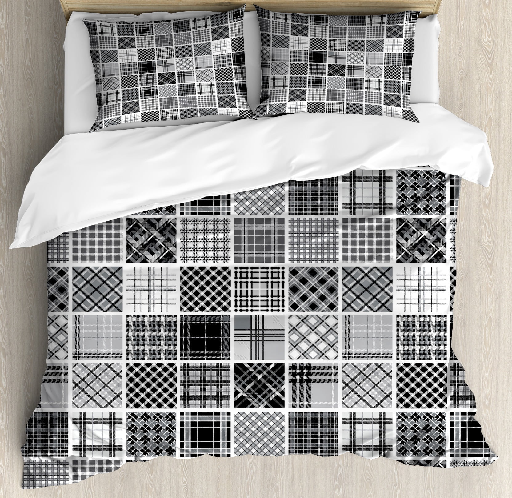 Mixed Pattern Bedding Grey Duvet Cover Set, Mixed Checkered Squared Scotch Plaid Striped ...