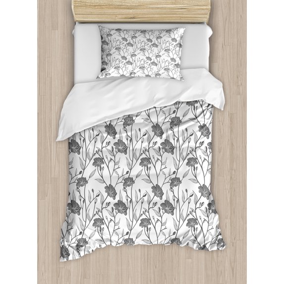 Grey Duvet Cover Set, Modern Graphic of Flowers and Branches with Simple Pure Patterns Boho Print, Decorative 2 Piece Bedding Set with 1 Pillow Shams, Twin Size, Grey White, by Ambesonne