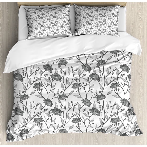 Grey Duvet Cover Set, Modern Graphic of Flowers and Branches with Simple Pure Patterns Boho Print, Decorative 3 Piece Bedding Set with 2 Pillow Shams, King Size, Grey White, by Ambesonne