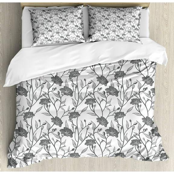 Grey Duvet Cover Set, Modern Graphic of Flowers and Branches with Simple Pure Patterns Boho Print, Decorative 3 Piece Bedding Set with 2 Pillow Shams, Queen Size, Grey White, by Ambesonne