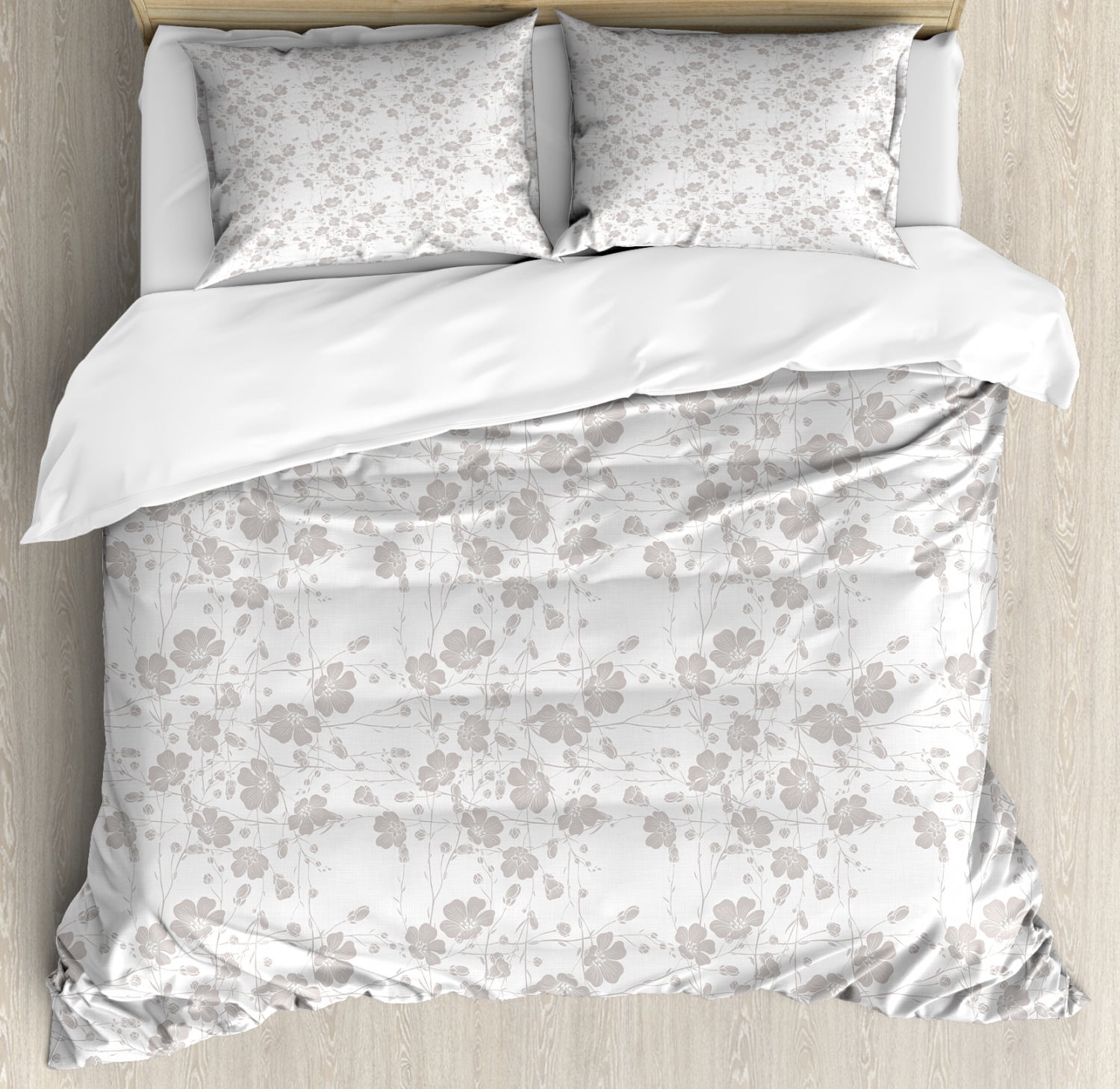 Pale Grey Floral Queen Duvet Cover Set with Pillow Shams