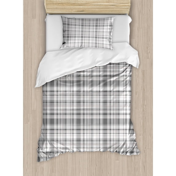 Grey Duvet Cover Set, Pattern with Modified Stripes Crossed Horizontal and Vertical Lines Forming Squares, Decorative 2 Piece Bedding Set with 1 Pillow Shams, Twin Size, Grey White, by Ambesonne