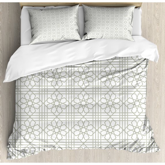 Grey Duvet Cover Set, Pattern Mosaic Tiles with Moroccan Floral Traditional Symmetric Work of Art Print, Decorative 3 Piece Bedding Set with 2 Pillow Shams, King Size, White, by Ambesonne