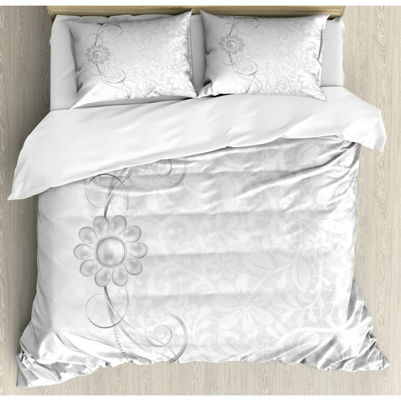 Grey Duvet Cover Set Queen Size, Lace Inspired Flourish Motifs Background with Bridal Flower Border Wedding Pattern, Decorative 3 Piece Bedding Set with 2 Pillow Shams, Grey White, by Ambesonne