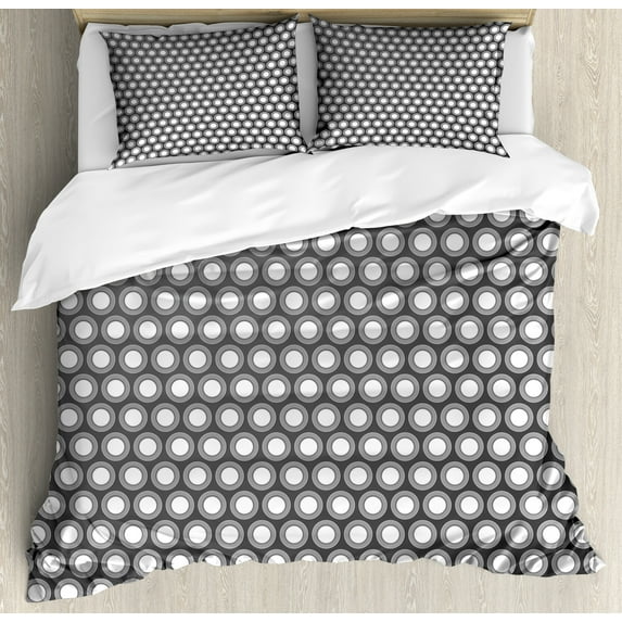 Grey Duvet Cover Set, Shadowed Holes Circular with Disc Forms Unusual Round Styled Pattern Design, Decorative 3 Piece Bedding Set with 2 Pillow Shams, King Size, White, by Ambesonne