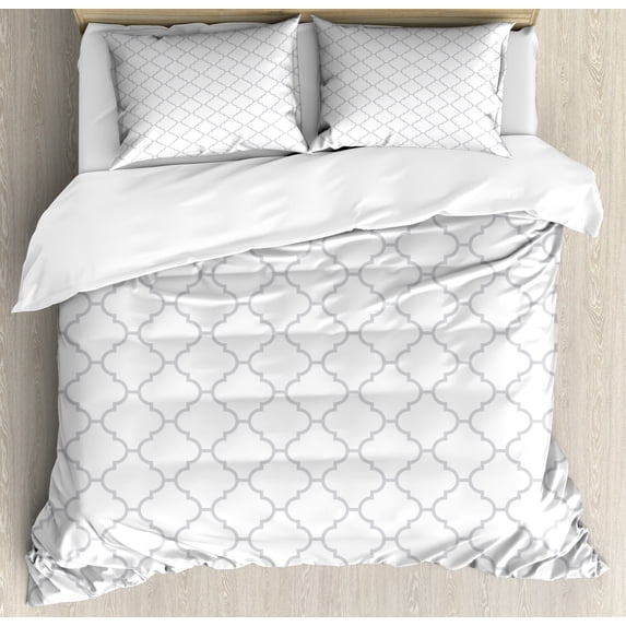 Grey Duvet Cover Set, Simple Monochrome Patterns Geometric Linked Forms on Plain Background Modern, Decorative 3 Piece Bedding Set with 2 Pillow Shams, King Size, White Grey, by Ambesonne