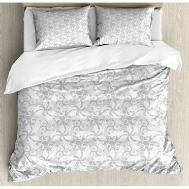 Grey Duvet Cover Set, Swirled Blossom Leaves Pattern Exquisite Nature in Digital New Oriental Work of Art, Decorative 3 Piece Bedding Set with 2 Pillow Shams, Queen Size, Cloud White, by Ambesonne