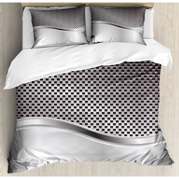 Grey Duvet Cover Set, Technology Structure with Wavy Stripe and Checkered Motif Industrial Grid Print, Decorative 3 Piece Bedding Set with 2 Pillow Shams, King Size, Charcoal Grey, by Ambesonne