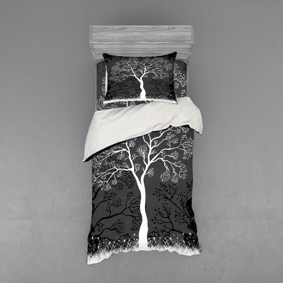 Grey Duvet Cover Set, Tree Illustration with Growing Branches Merry Seasonal Grass Bushes Nature, Bedding Set with Shams and Fitted Sheet, 3 Sizes, by Ambesonne