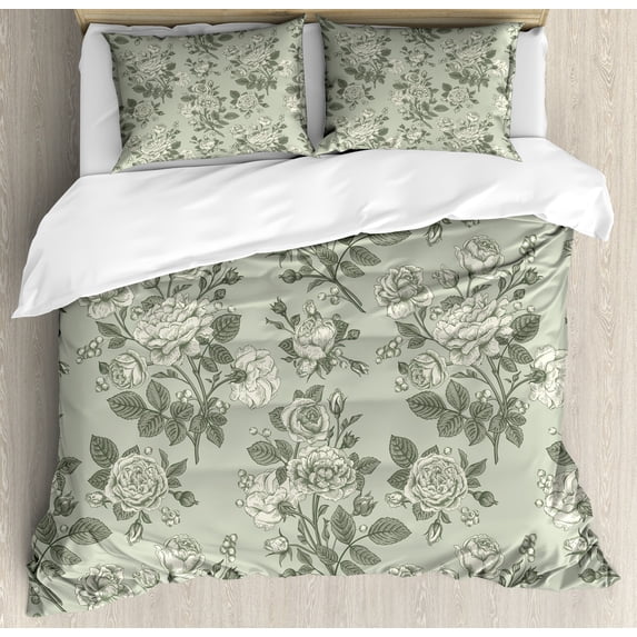 Grey Duvet Cover Set, Tree Leaves Sketchy Based Reflective Japanese Nature Inspired Graphic Art Print, Decorative 3 Piece Bedding Set with 2 Pillow Shams, Queen Size, Sage Green, by Ambesonne