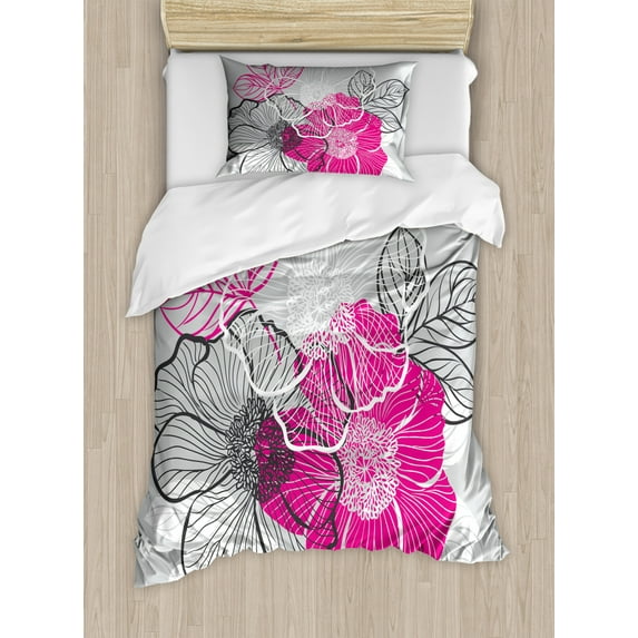 Grey Duvet Cover Set Twin Size, Abstract Blossoming Peonies Romantic Spring Bridal Bouquet Feminine Corsage, Decorative 2 Piece Bedding Set with 1 Pillow Sham, Grey Magenta White, by Ambesonne