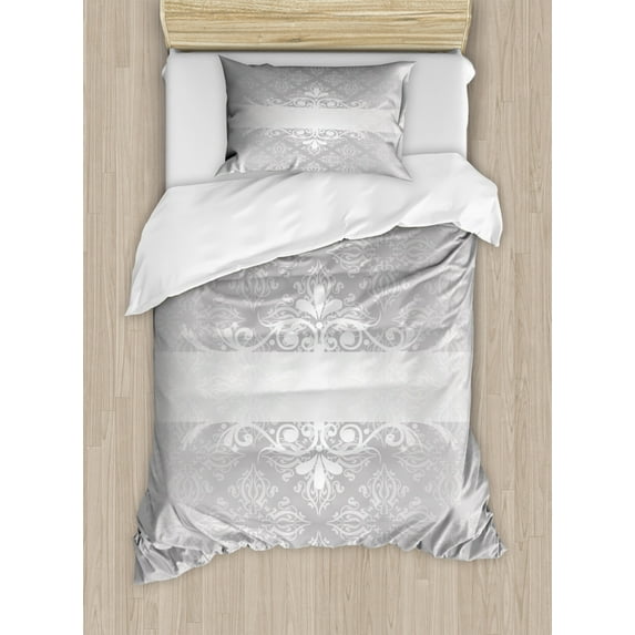Grey Duvet Cover Set Twin Size, Classical Floral Motifs Renaissance Tile Pattern Antique Scroll Detail Old Fashioned, Decorative 2 Piece Bedding Set with 1 Pillow Sham, Grey Silver, by Ambesonne