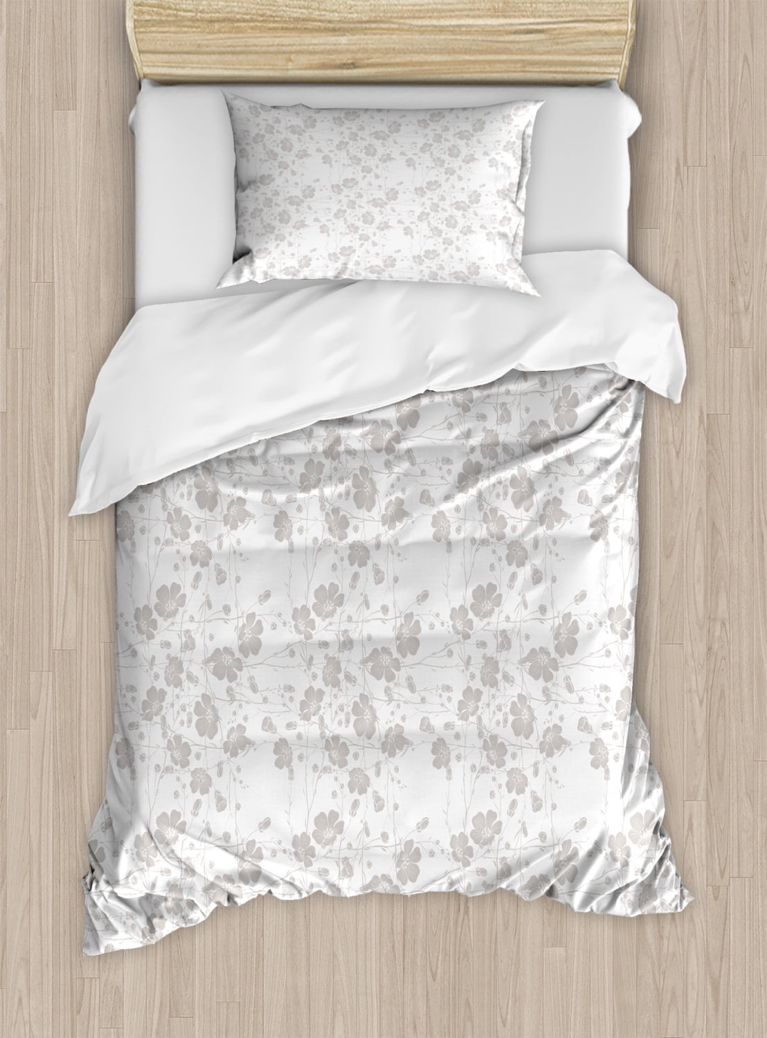 Twin Pale Grey Floral Duvet Cover Set with Pillow Sham