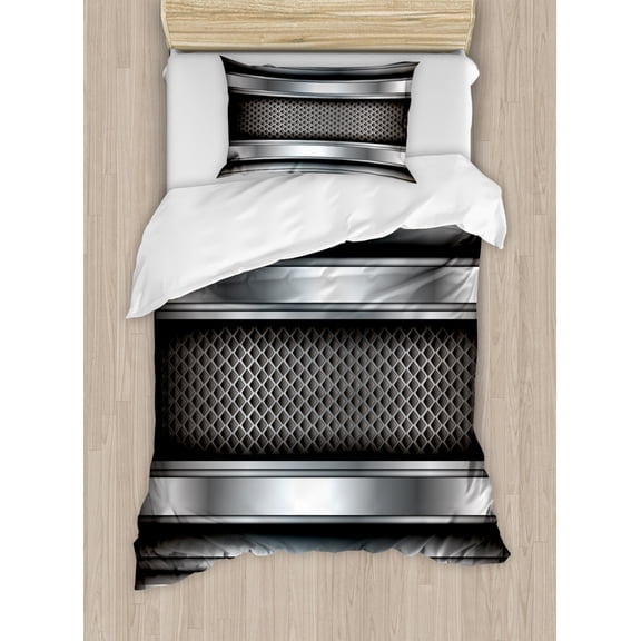Grey Duvet Cover Set Twin Size, Realistic Vivid Looking Steel Plates Image Heavy Industry Technology Themed Print, Decorative 2 Piece Bedding Set with 1 Pillow Sham, Gray Taupe, by Ambesonne