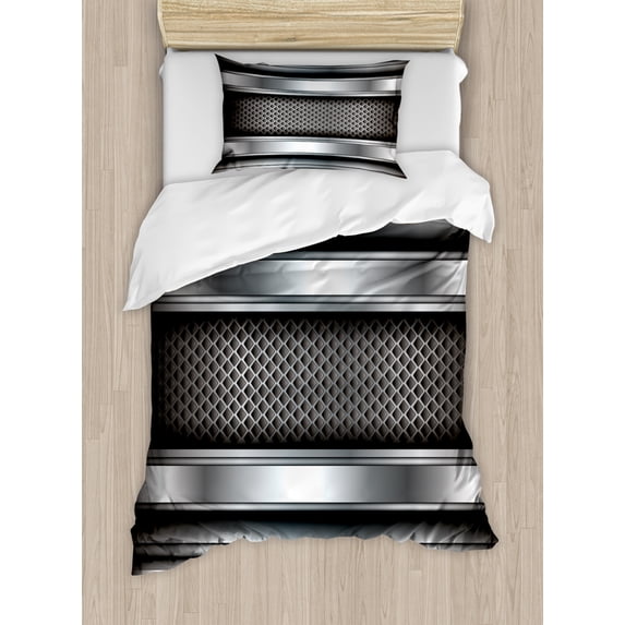 Grey Duvet Cover Set Twin Size, Realistic Vivid Looking Steel Plates Image Heavy Industry Technology Themed Print, Decorative 2 Piece Bedding Set with 1 Pillow Sham, Gray Taupe, by Ambesonne