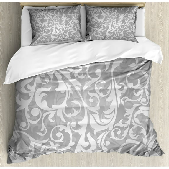 Grey Duvet Cover Set, Victorian Style Large Leaf Floral Pattern Swirl Classic Abstract French Vintage Print, Decorative 3 Piece Bedding Set with 2 Pillow Shams, Calking Size, Grey, by Ambesonne