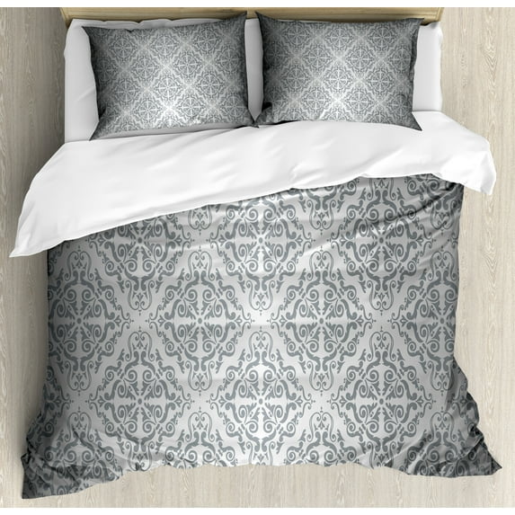 Grey Duvet Cover Set, Vintage Mandala Baroque Patterns Monochrome Victorian Antique Ornaments Damask, Decorative 3 Piece Bedding Set with 2 Pillow Shams, Queen Size, Grey Pale Grey, by Ambesonne