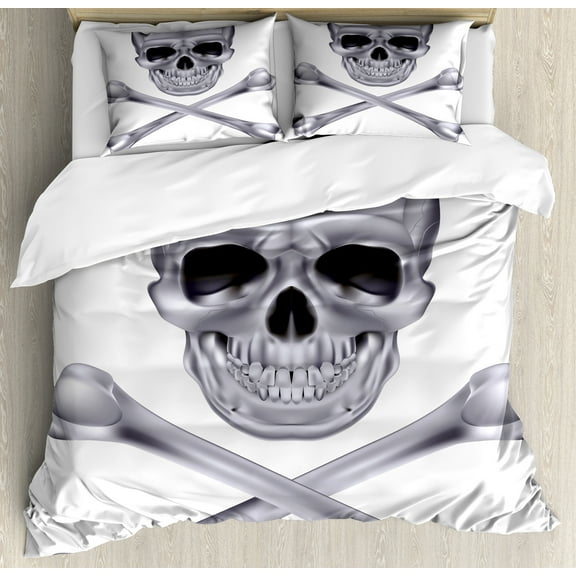 Grey Duvet Cover Set, Vivid Skull and Crossed Bones Dangerous Scary Dead Skeleton Evil Face Halloween Theme, Decorative 3 Piece Bedding Set with 2 Pillow Shams, Queen Size, Dimgray, by Ambesonne
