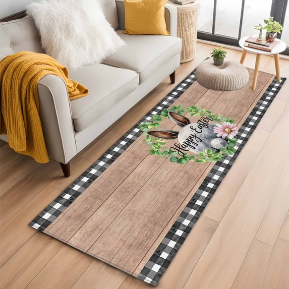 Grey Easter 2'x6' Runner Rugs for Hallway Kitchen Bedside Non Slip, Spring Watercolor Bunny Flower Leaf Wood Grain Entryway Rug Runners with Rubber Backing, Long Carpet Runner for Laundry Room