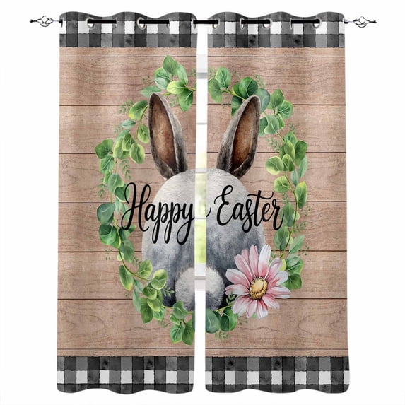 Grey Easter Blackout Curtains for Bedroom Living Room Darkening Curtains 54 Inch Long Spring Watercolor Bunny Flower Leaf Wood Grain Short Curtain for Small Window Treatment Grommet Drapes 42"x54"x2